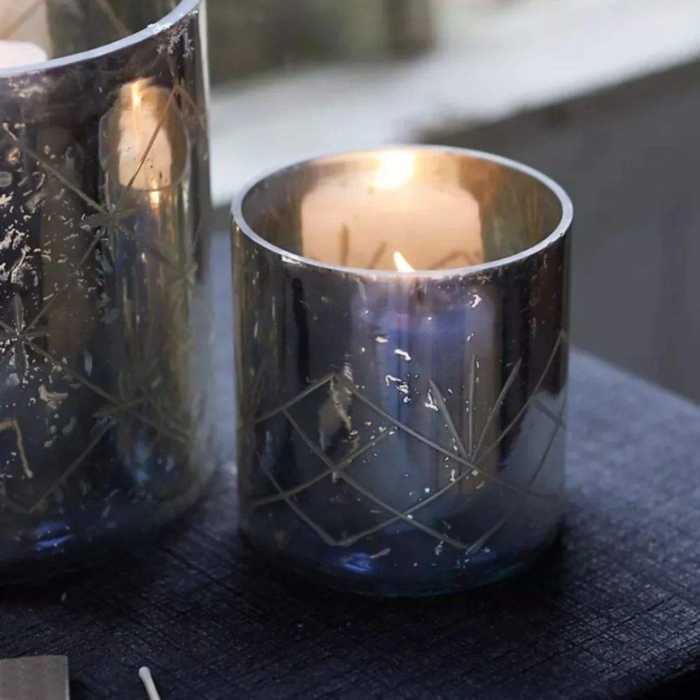 Set Mercury Glass Diamond Etched Set 2 hurricane candle holders